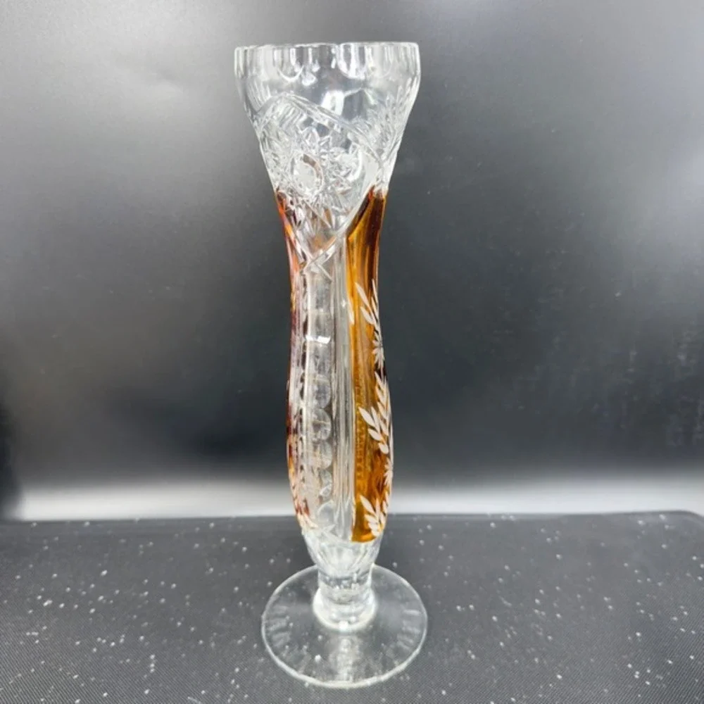 Vintage Bohemian Glass Amber‎ Cut to Clear Crystal Bud Vase Floral Wheat Pattern